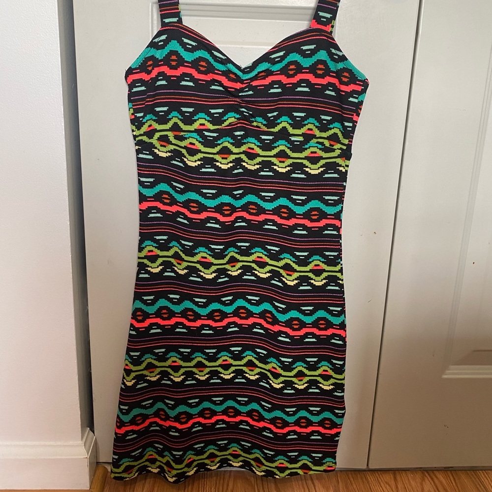 Colorful (green, pink, black, orange, purple, red) fun pattern, body con, mini